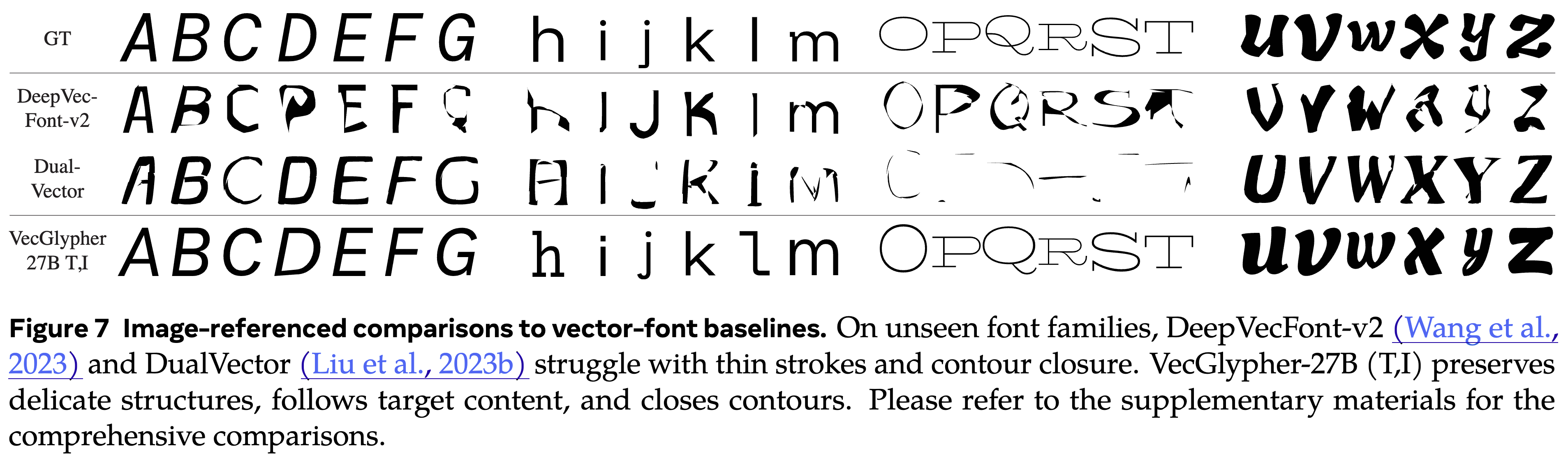 Figure 7 qualitative comparison for image-referenced generation between baselines and VecGlypher.